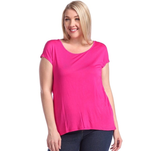 Twisted Knot Back High Low Hot Pink Short Sleeve Drapey Top - Picture 2 of 3